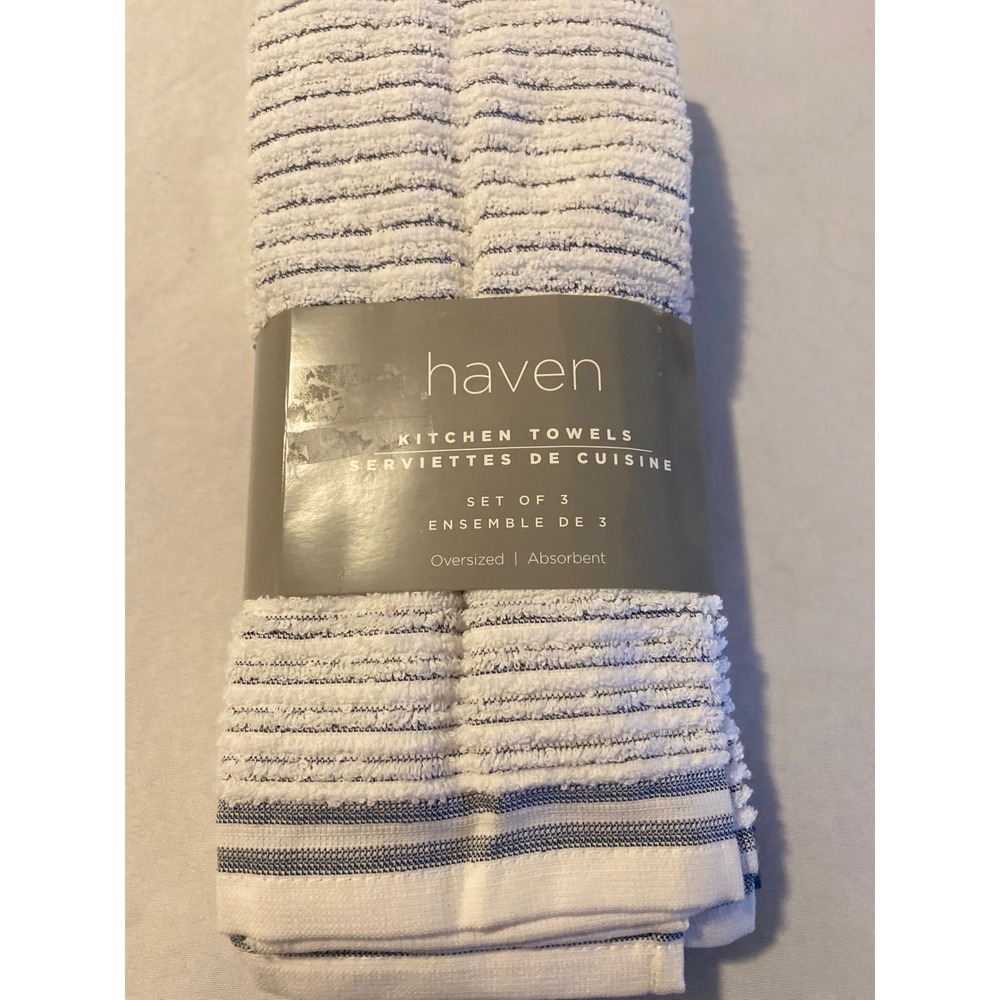 Haven Kitchen Towels Set of 3 Oversized Absorbent White Navy Blue Striped New